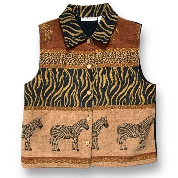 Vintage 90s Vest Safari Zebra Animal Print Button Down Tan Black Tapestry Shirt - Picture 1 of 9